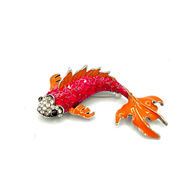 Pink & Orange Enamel Koi Fish Brooch with Rhinestonnes - Picture 2 of 11